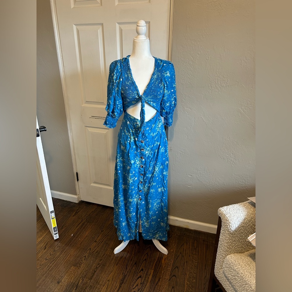 Free People Vibrant Blue Floral Long Sleeve Dress cutout button tie dress - Picture 4 of 10